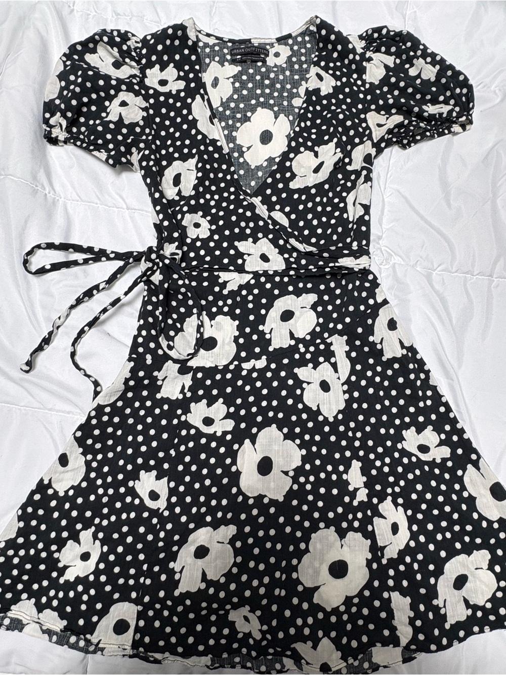 Urban Outfitters Black and White Floral Polka Wrap Mini Dress